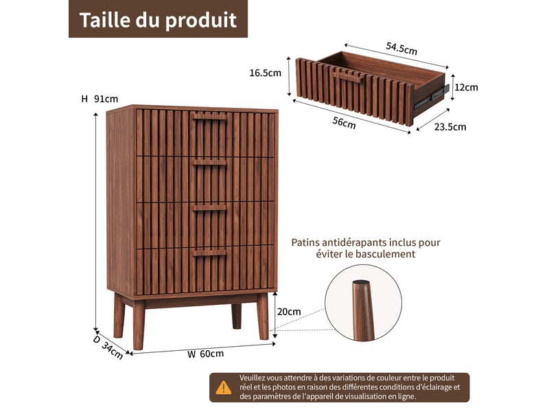  Commode 4 tiroirs - 60x34x91cm - meuble rangement chiffonnier vintage avec façades à lattes et pieds hauts - noyer  - Conforama E