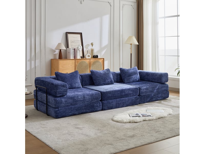  Canapé modulable convertible 3 places en tissu bleu foncé, 300 cm, idéal pour le salon ou la chambre  - Conforama B