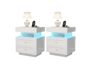 Lot de 2 tables de chevet 4 tiroirs 2 niches coloris blanc led panneau de particules
