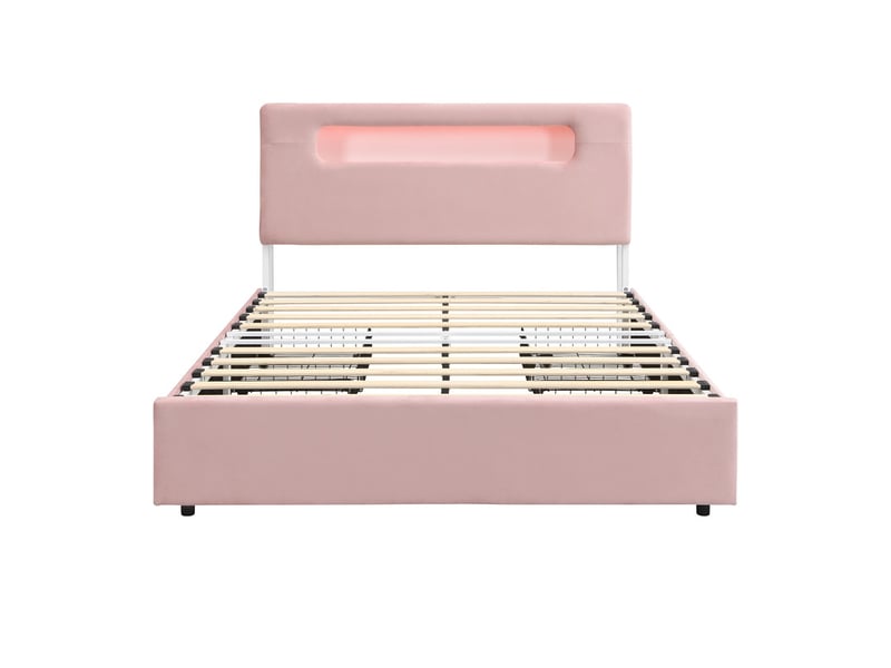 Lit rembourré 140 x 200 cm, avec 4 tiroirs latéraux, tête avec rangement, étagères + led via appli, rose - Conforama A