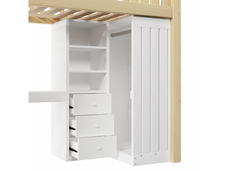  Lit mezzanine 90 x 200 cm avec bureau, armoire et 3 tiroirs intégrés, lit simple en pin naturel avec rangements ouverts, escalier et garde-corps  - Conforama E