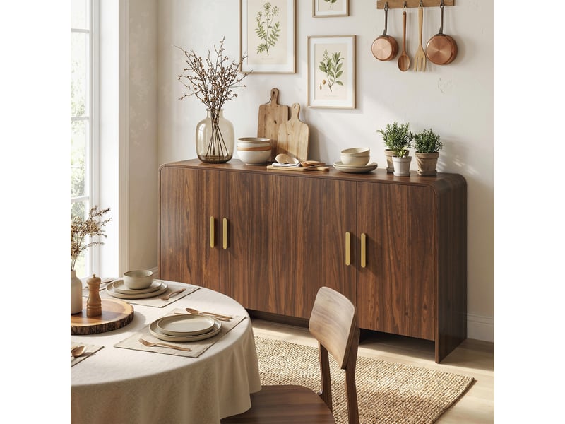  Buffet cuisine, meuble de rangement avec 4 portes à fermeture douce, 4 compartiments et bords arrondis, 152x40x80cm, noyer  - Conforama A