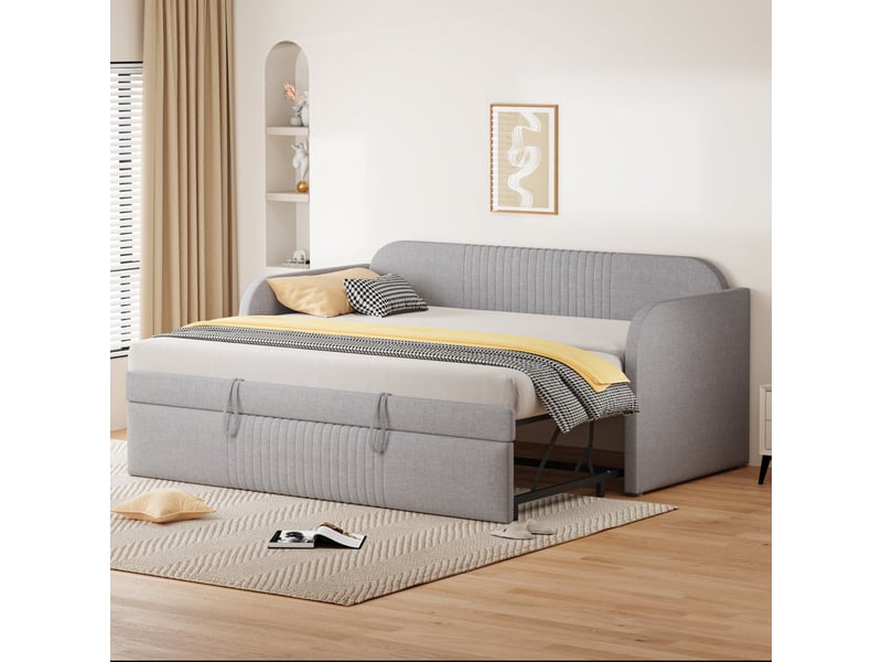  Lit gigogne 90x190 cm 2 places - canapé lit extensible 180x190 cm, sommier à lattes - tissu en lin gris  - Conforama D