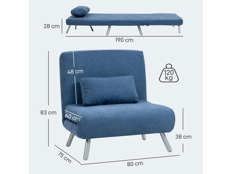 Fauteuil-lit 2-en-1,80x75x83 cm,avec dossier réglable,tissu,bleu - Conforama B