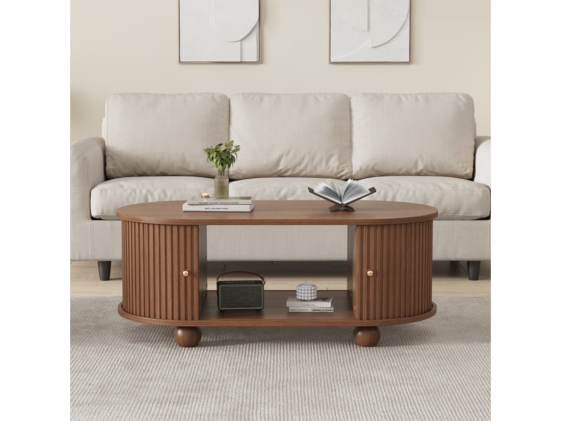  Table basse ovale en noyer avec portes coulissantes à 360 degrés 100x50x40 cm - rangement intégré  - Conforama R