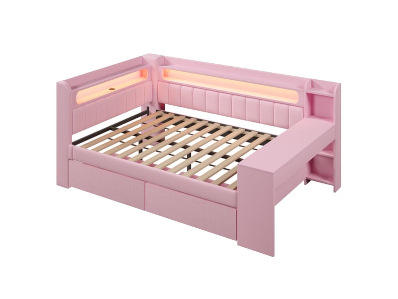  Lit plateforme 140x200 cm avec bureau, 2 tiroirs, led 7 couleurs, ports usb, tissu lin rose, sans matelas  - Conforama D