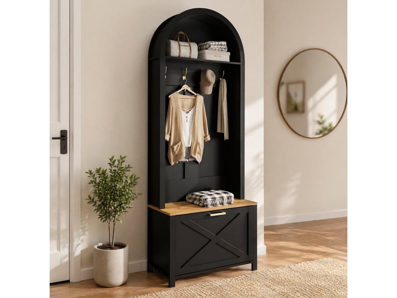  Meubles d'entrée avec patères, tablette et rangement à chaussures en mdf pour couloir, noir et bois, 75 × 35 × 195 cm  - Conforama D