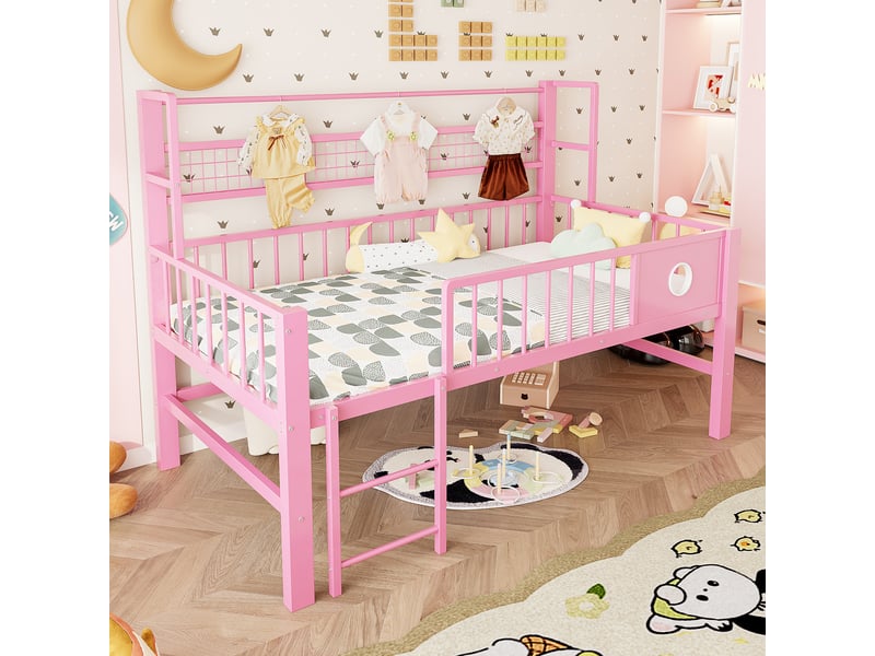  Lit mezzanine 90x200 cm avec sommier à lattes, cadre de lit adulte en métal, lit 1 personne, lit adulte, rose, lit simple  - Conforama A