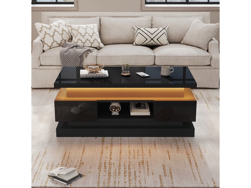 Table basse relevable noire avec led et 2 tiroirs - rangement caché 100x50x40 cm - Conforama C