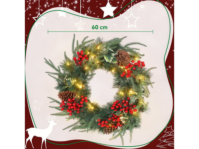  Couronne de noël lumineuse 60 cm avec 35 led, minuterie, 170 pointes, pommes de pin, baies, feuilles de houx, vert  - Conforama C