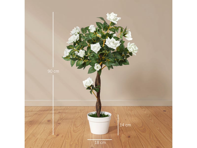  Rosier artificiel à 21 fleurs avec pot rempli de ciment et de mousse, plante artificielle anti-uv en plastique et tissu, ø18 x 90 cm, blanc et vert  - Conforama E