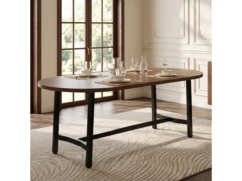  Table à manger 6 à 8 places à coins arrondis - lpospi - pieds en fer, mdf noyer 180 × 80 × 75 cm  - Conforama C