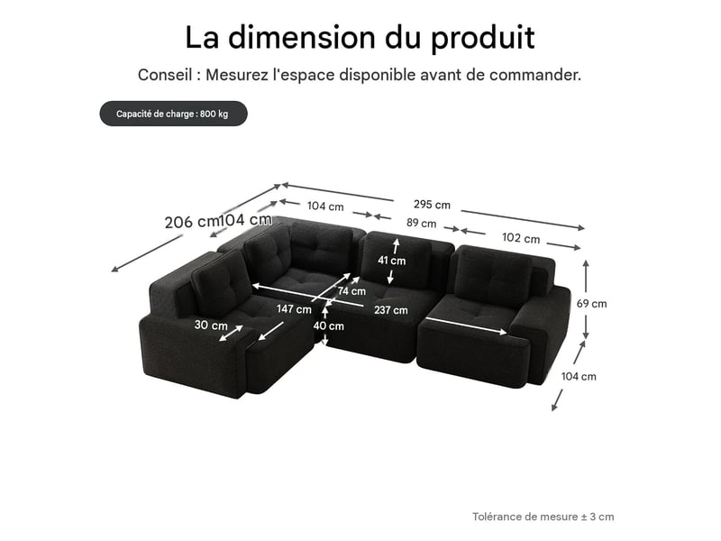  Canapé modulable 4 places en velours côtelé noir 382x104x69 cm W3325S00252 - Conforama C