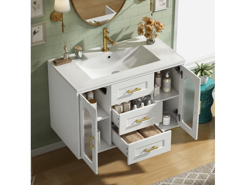  Meuble sous vasque mural led avec 2 tiroirs et 2 portes, étagères réglables, pour salle de bain, blanc, 76 × 46 × 55 cm  - Conforama C