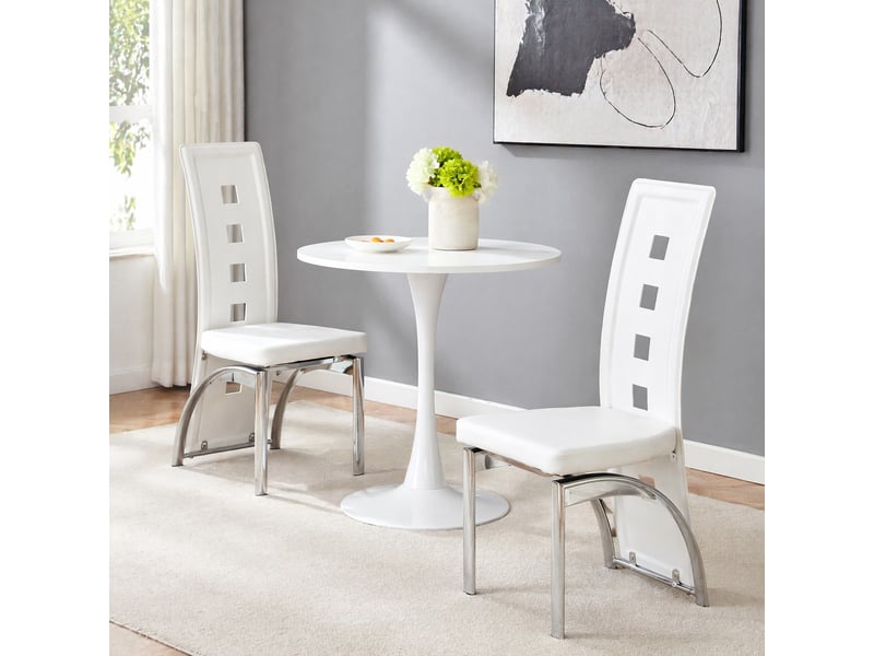  Chaises de salle à manger lot de 2 avec dossier ajouré ergonomique  - pieds métal, simili cuir blanc argenté  - Conforama C