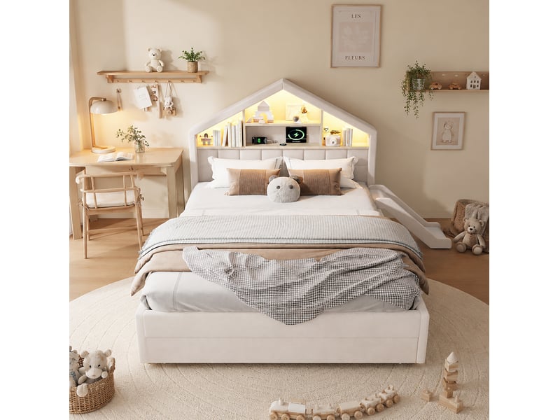  Lit cabane enfant 140x200 cm – beige – toboggan réversible, led, prise de charge et grand coffre  - Conforama D