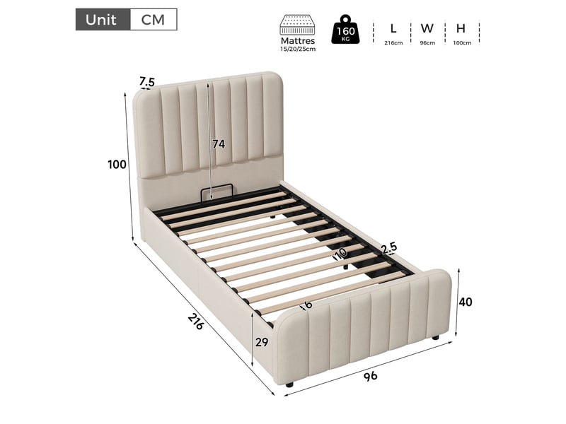 Lit enfant 90x200 cm avec rangement et coffre hydraulique, beige, hauteur 100 cm N634U0058B - Conforama E