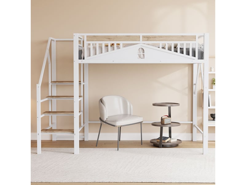  Lit mezzanine 140x200, structure métal robuste lit mezzanine, escalier sécurité rangement intégré  - Conforama B