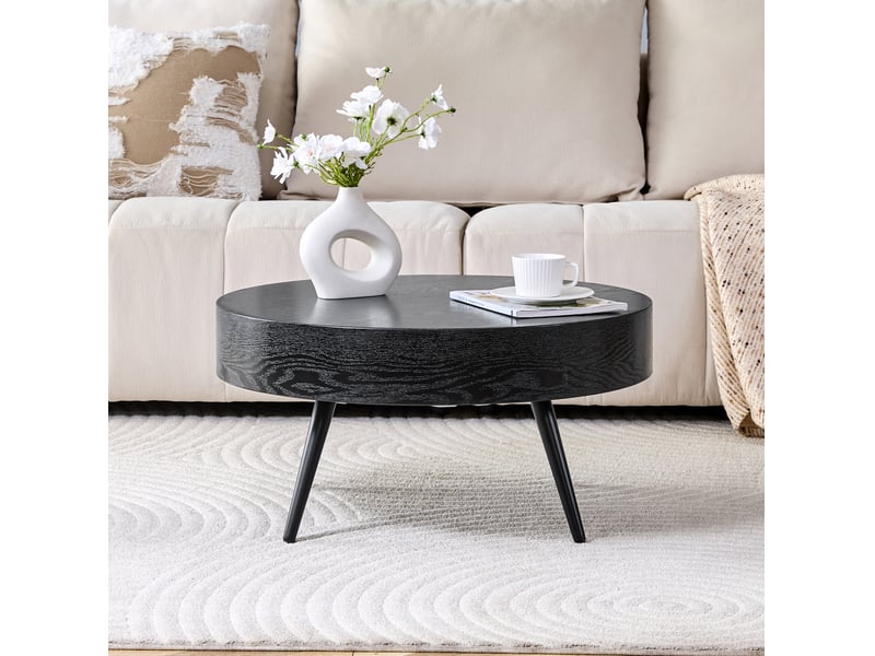  Table basse ulevr ronde 70 cm, plateau mdf effet bois noir et pieds en métal noir, hauteur 35,5 cm  - Conforama E