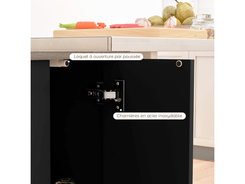  Desserte îlot de cuisine étagère réglable 2 compartiments ouverts 2 placards plan de travail effet bois noir 105 x 60 cm  - Conforama W