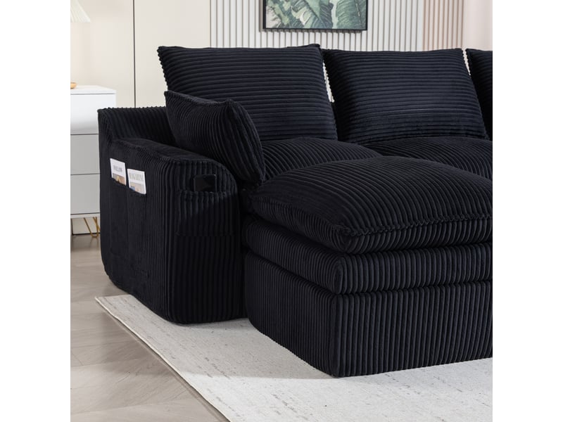  Canapé modulable 4 places en velours côtelé noir avec 2 poufs, coussins et poches latérales  - Conforama R
