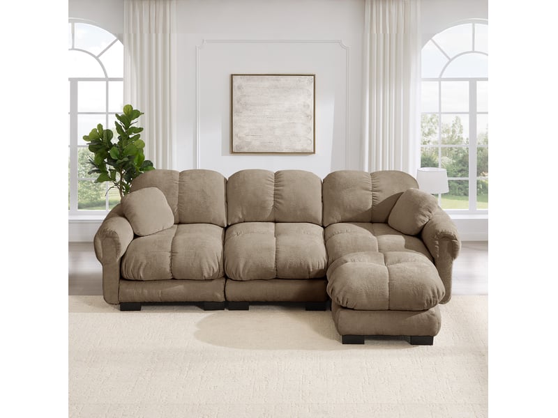  Canapé d’angle 3 places modenvie avec ottomane mobile, 2 coussins décoratifs, chenille marron, 260 x 149 x 90 cm  - Conforama D