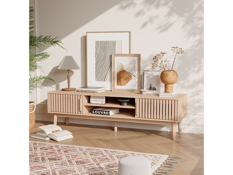  Meuble tv 150 cm, avec cloisons ouvertes et 2 portes de rangementen, scandinave, 5 pieds en bois massif, bois clair  - Conforama R
