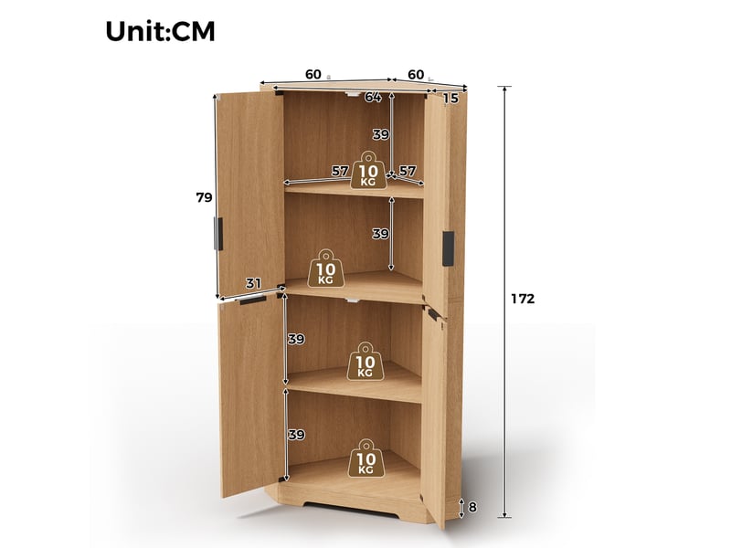 Meuble d'angle avec 4 portes et étagères réglables, finition rainurée, pour cuisine et salon, 60 × 60 × 172 cm - Conforama C