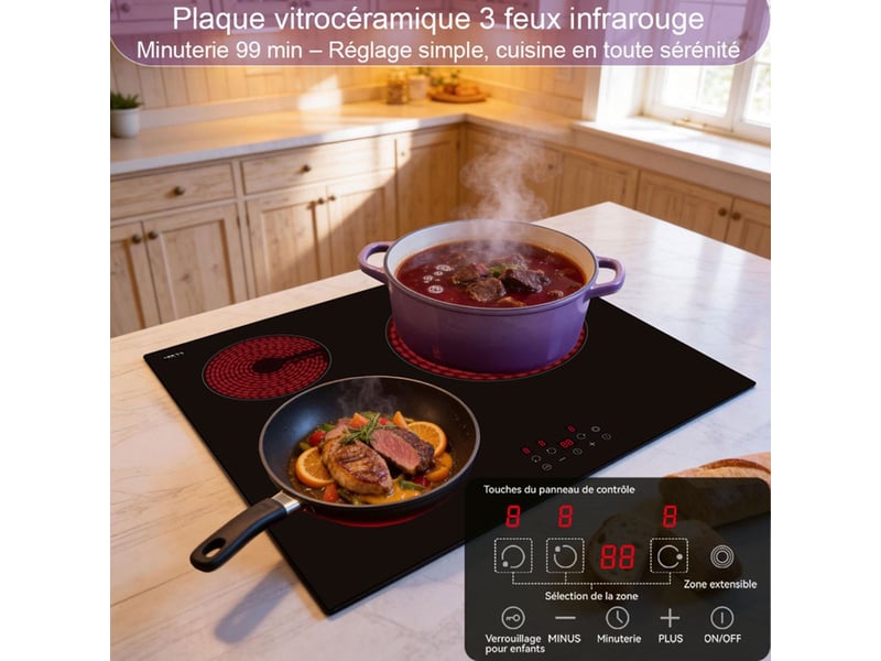  Table de cuisson vitroceramique 3 zones triple anneau 5700w encastrable commande tactile 9 niveaux minuteur 99 min  - Conforama E
