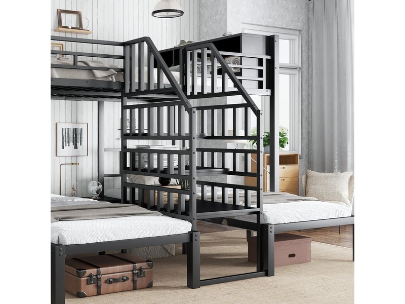 Lit superposé enfant 200×90 cm et 200×140 cm, 3 couchages, escalier avec mains courantes et rangement, noir  - Conforama E