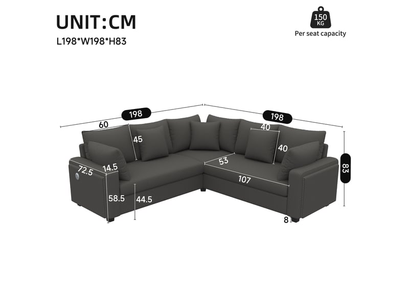  Canapé d'angle 198x198x83 cm – gris – led d'ambiance, usb-c et confort 5 places en velours côtelé  - Conforama C