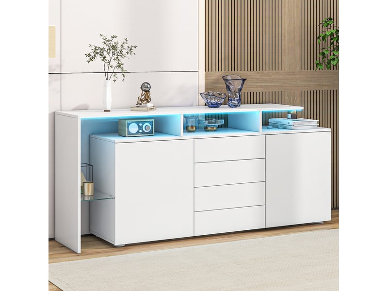  Buffet bas led blanc – 160 x 35 x 70 cm – 2 portes, 4 tiroirs et compartiment vitré  - Conforama C