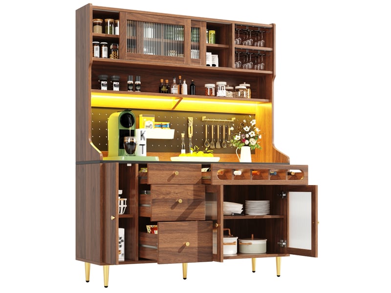  Haut meuble de cuisine 145x39x171 cm marron en mdf et verre, rangement réglable avec éclairage led  - Conforama A