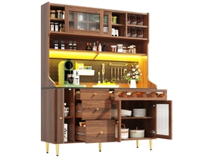 Haut meuble de cuisine 145x39x171 cm marron en mdf et verre, rangement réglable avec éclairage led