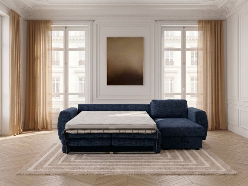  Bobochic canapé d'angle réversible convertible coffre hugo ouverture express tissu texturé bleu foncé 140x190 réversible HUGO - Conforama D