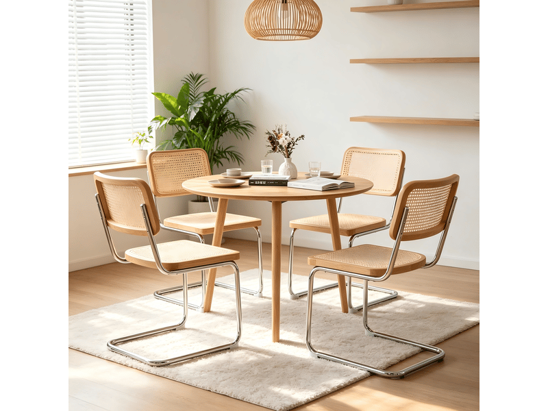  Lot de 4 chaises de salle à manger en rotin et velours, structure luge avec pieds en acier chromé, style moderne milieu du siècle.  - Conforama D