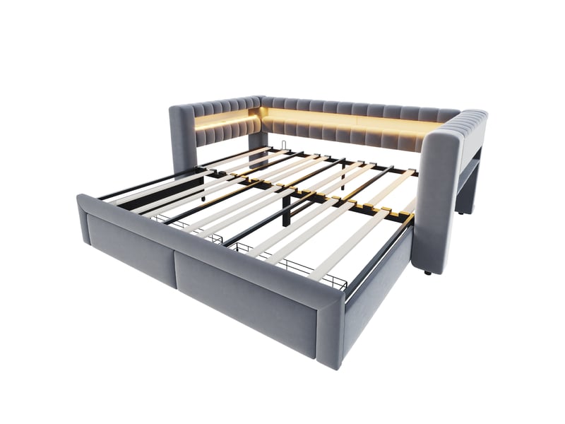 Lit canapé extensible velours gris foncé 90/180x190 cm, tiroirs, led et usb-c - Conforama E