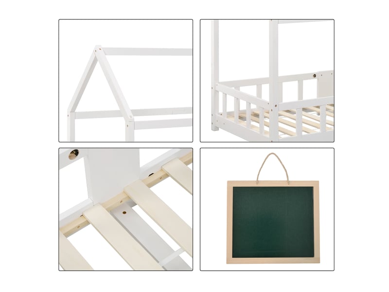  Lit cabane enfant 90x200cm avec tableau noir, sommier à lattes, ludique, pin, blanc, sans matelas  - Conforama D