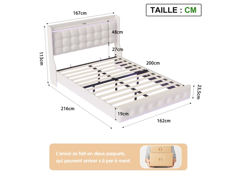  Lit double rembourré en velours - 160x200cm-blanc - avec éclairage led et étagère de tête de lit  - Conforama B