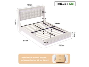 Lit double rembourré en velours - 160x200cm-blanc - avec éclairage led et étagère de tête de lit