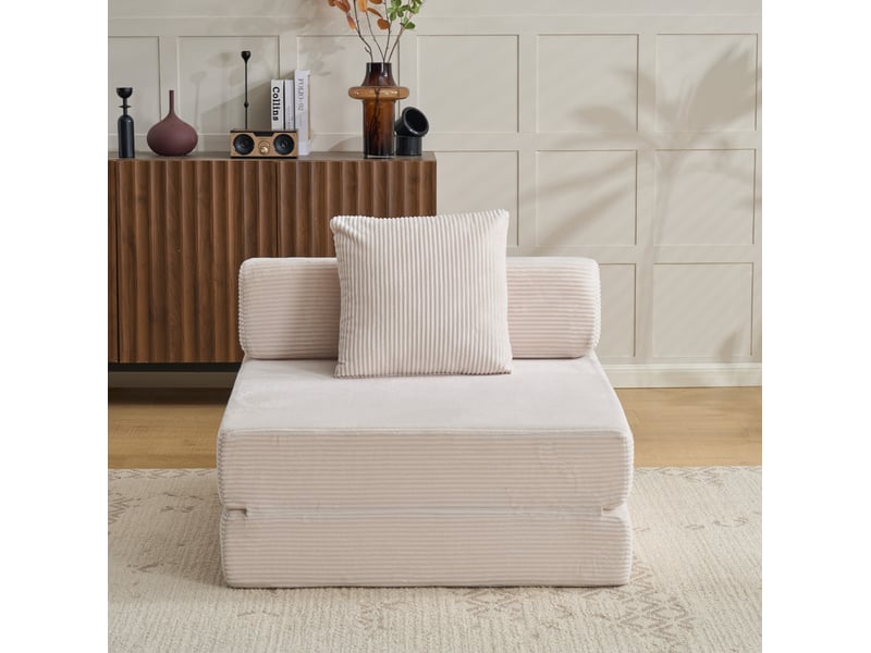  Sofa-lit convertible en canapé de sol avec oreiller et soutien des bras, lit simple convertible en tissu velours blanc pour salon et chambre  - Conforama C