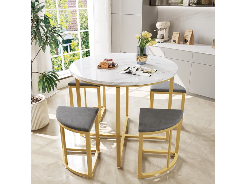  Ensemble table à manger et 4 chaises – blanc, or et gris – table ronde ø80 cm – plateau mdf blanc, piètement métal doré, assises velours gris  - Conforama B