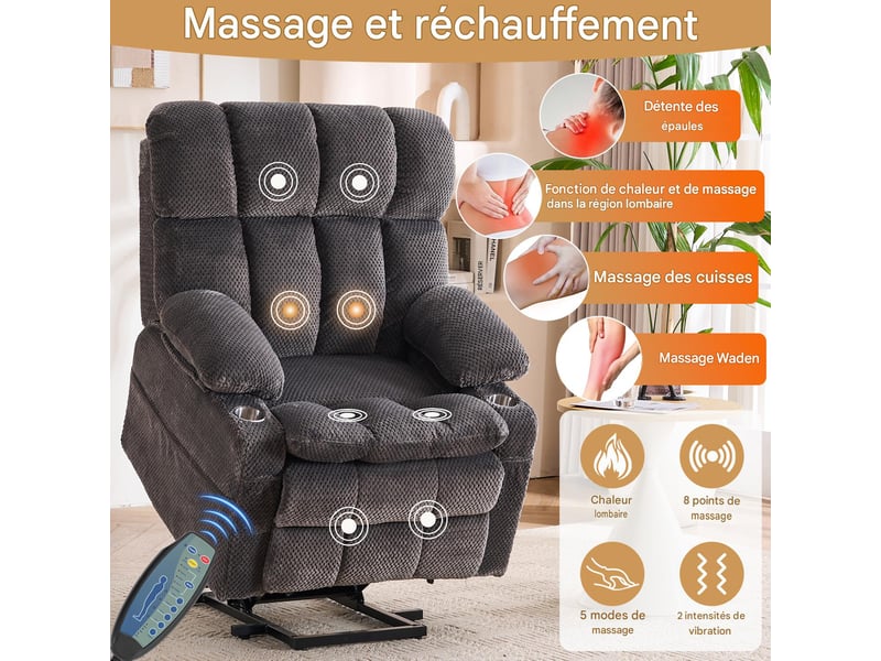  Fauteuil releveur électrique 2 moteurs avec massage et chauffage gris W5760S00004 - Conforama D