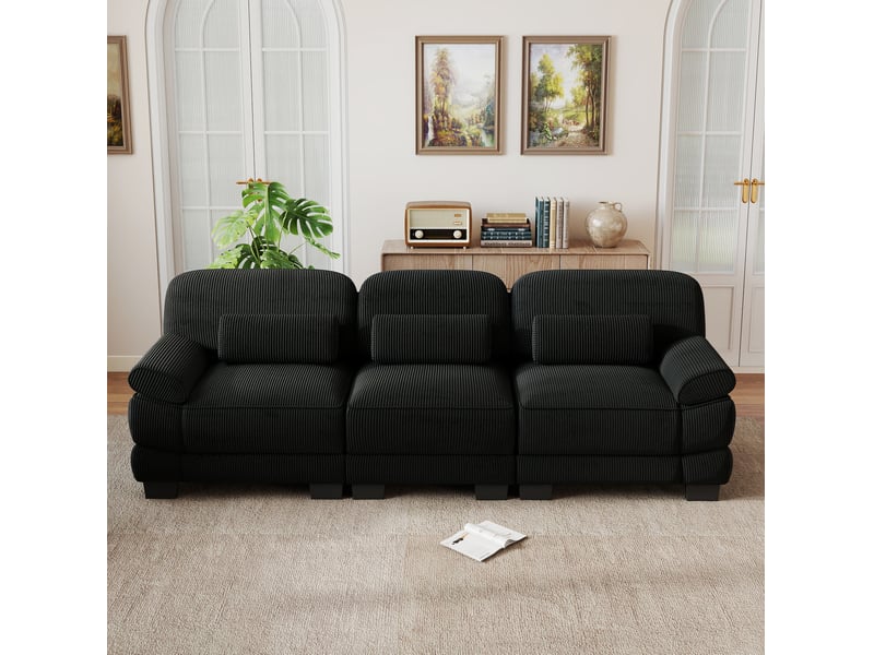  Canapé droit modulable 3 places 265x88.5x94 cm en velours côtelé noir  - Conforama B