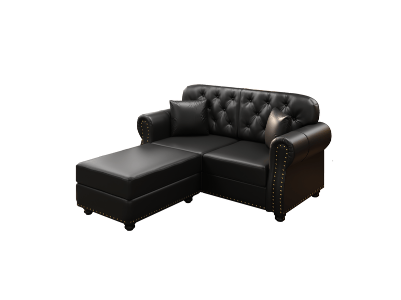 Canapé droit chesterfield 2 places en simili noir 160 cm avec pouf mobile, capitonnage et accoudoirs roulés pour salon 160X76X86cm - Conforama A