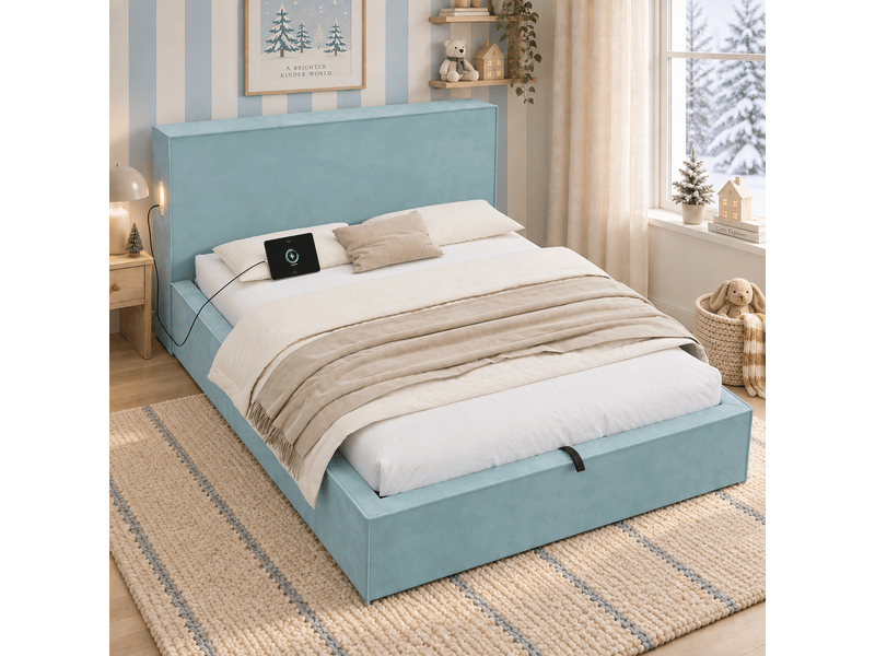  Lit coffre rembourré 140x200 cm avec rangement hydraulique, tête de lit épaisse, sommier à lattes, structure enveloppante, velours bleu, charge 300 kg  - Conforama C