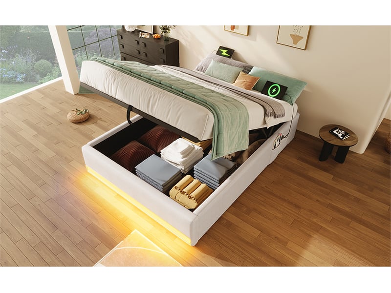  Lit coffre 90x200 cm beige avec led, usb et type-c, poches de rangement, sans tête de lit  - Conforama B