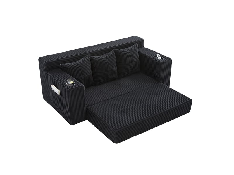 Canapé modulaire 3 places avec porte-gobelets et poches latérales en velours côtelé noir 172 × 87 × 64 cm - Conforama A