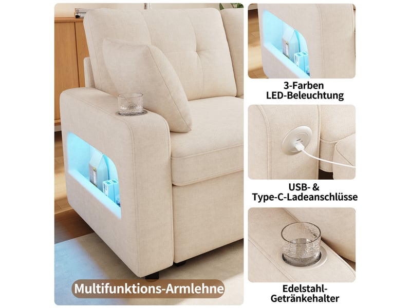  Canapé convertible 2 places beige en chenille avec port usb et type-c  - Conforama C
