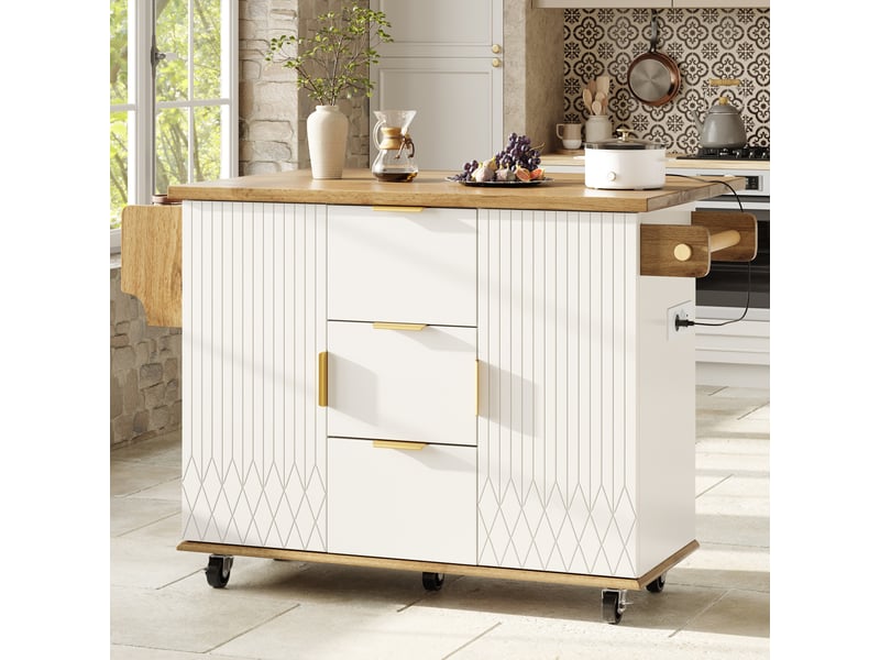 Desserte de cuisine 134x46x88 cm blanche effet bois avec plateau rabattable - Conforama E